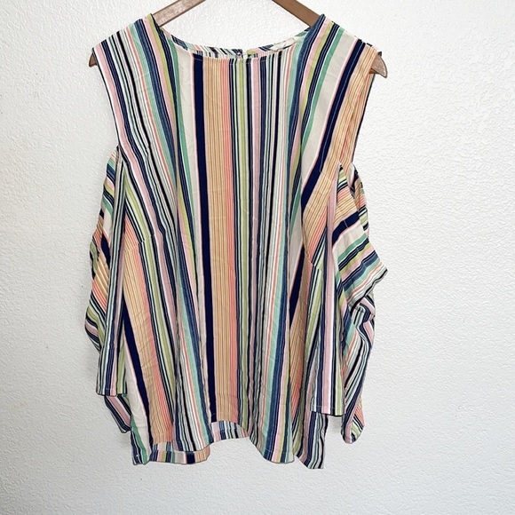 MELLODAY Tops - Melloday Striped Cold Shoulder Wide Sleeve Lightweight Top